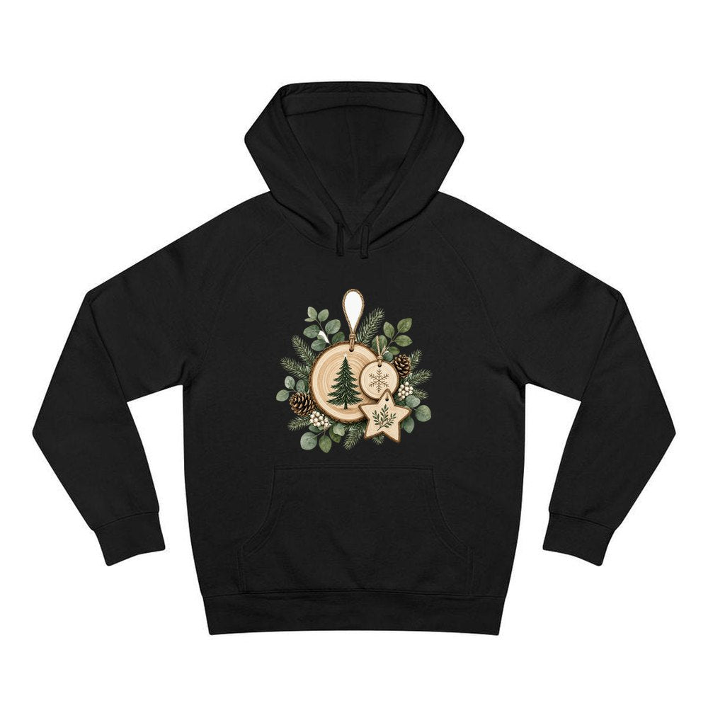 Timber Slice and Eucalyptus Ornaments personalised Christmas hoodie in black