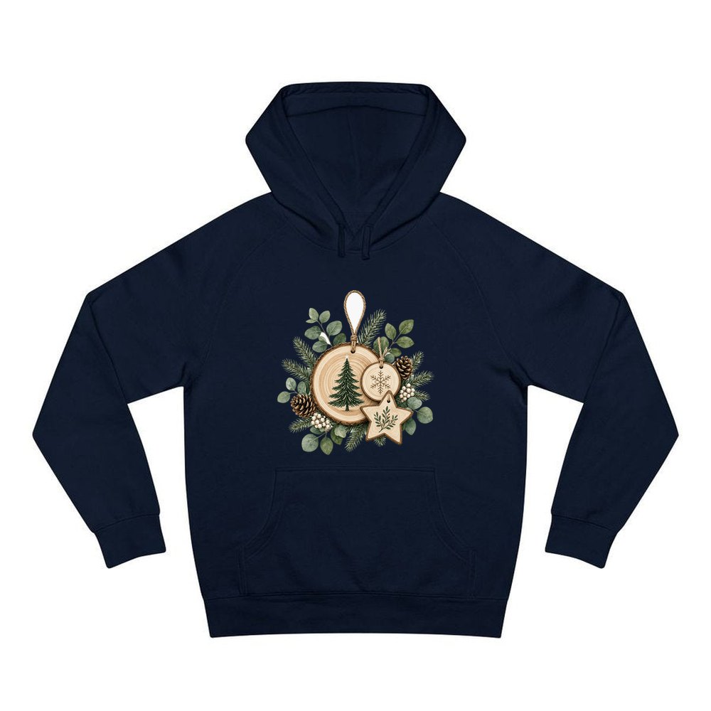 Timber Slice and Eucalyptus Ornaments personalised Christmas hoodie in navy