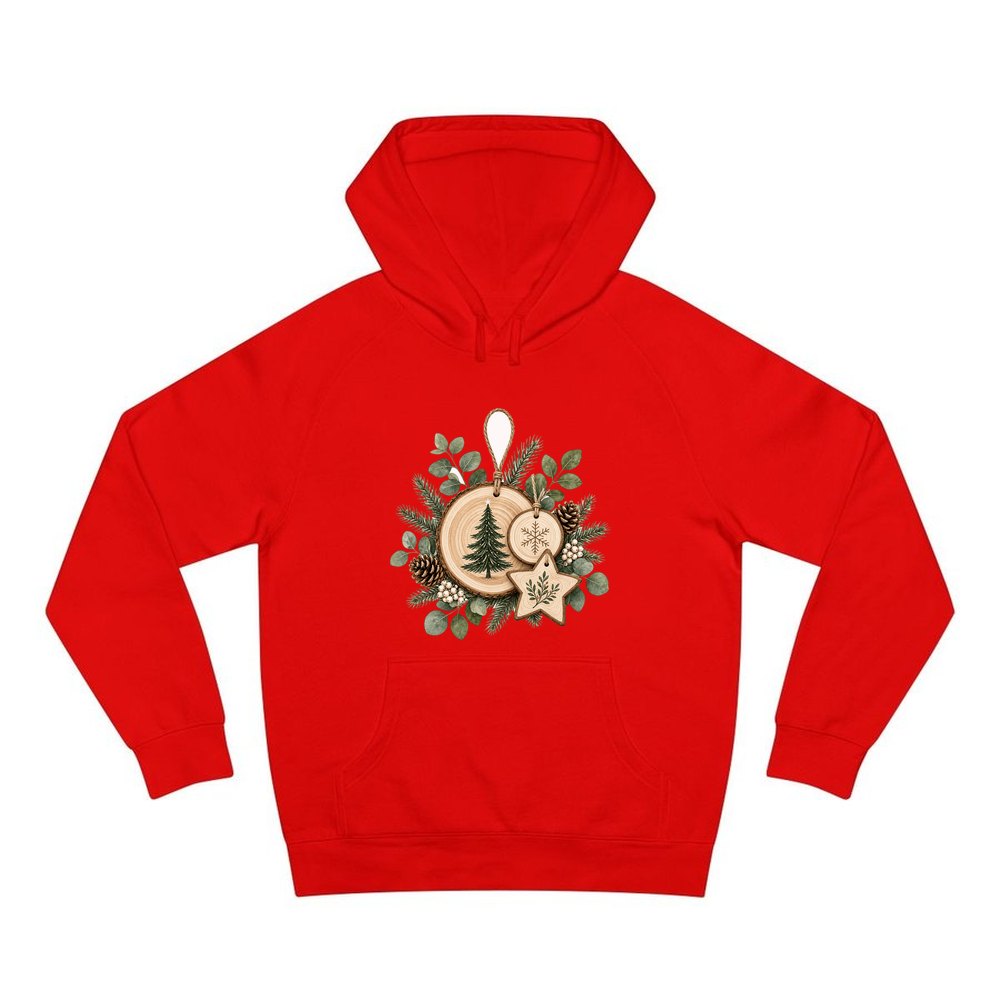 Timber Slice and Eucalyptus Ornaments personalised Christmas hoodie in red