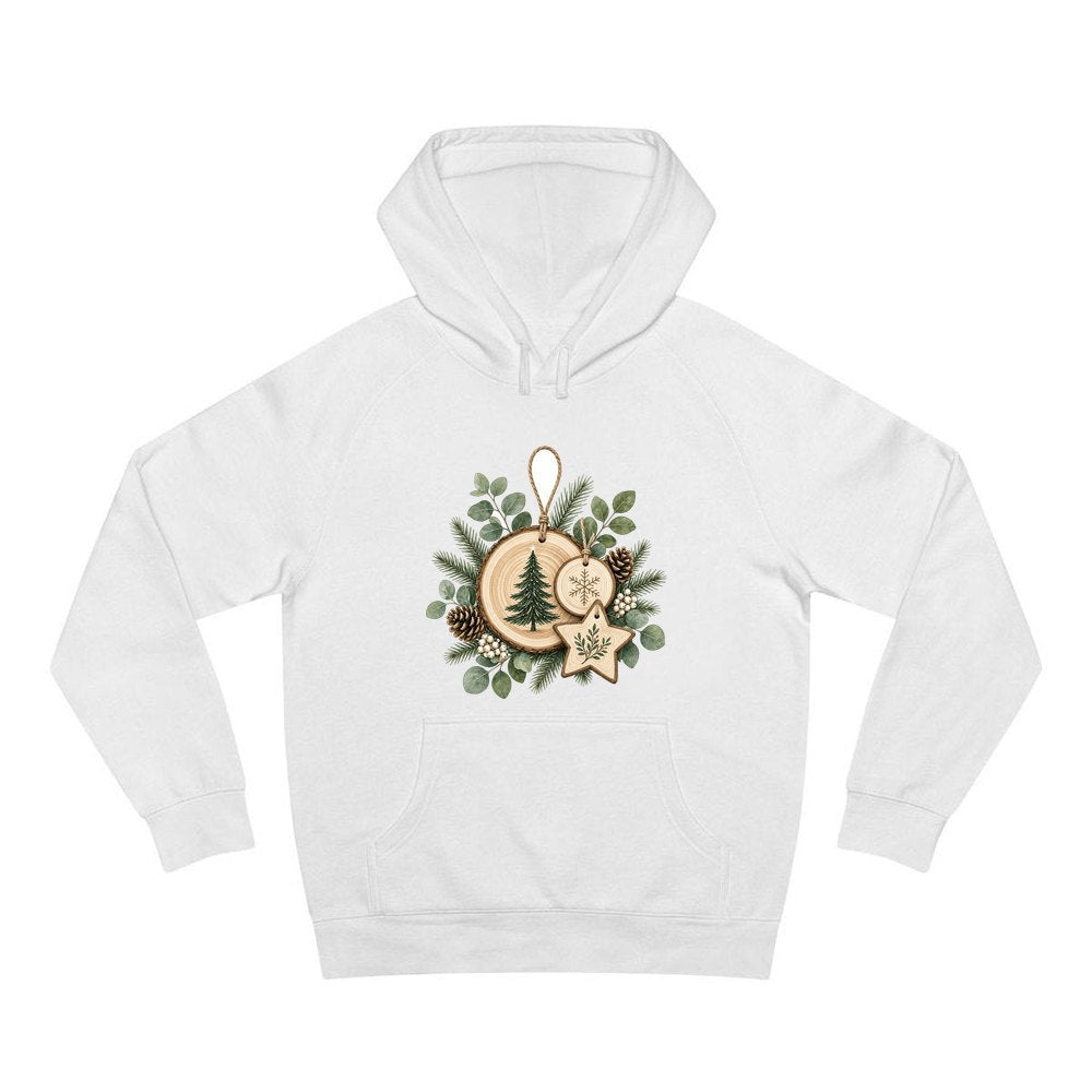 Timber Slice and Eucalyptus Ornaments personalised Christmas hoodie in white