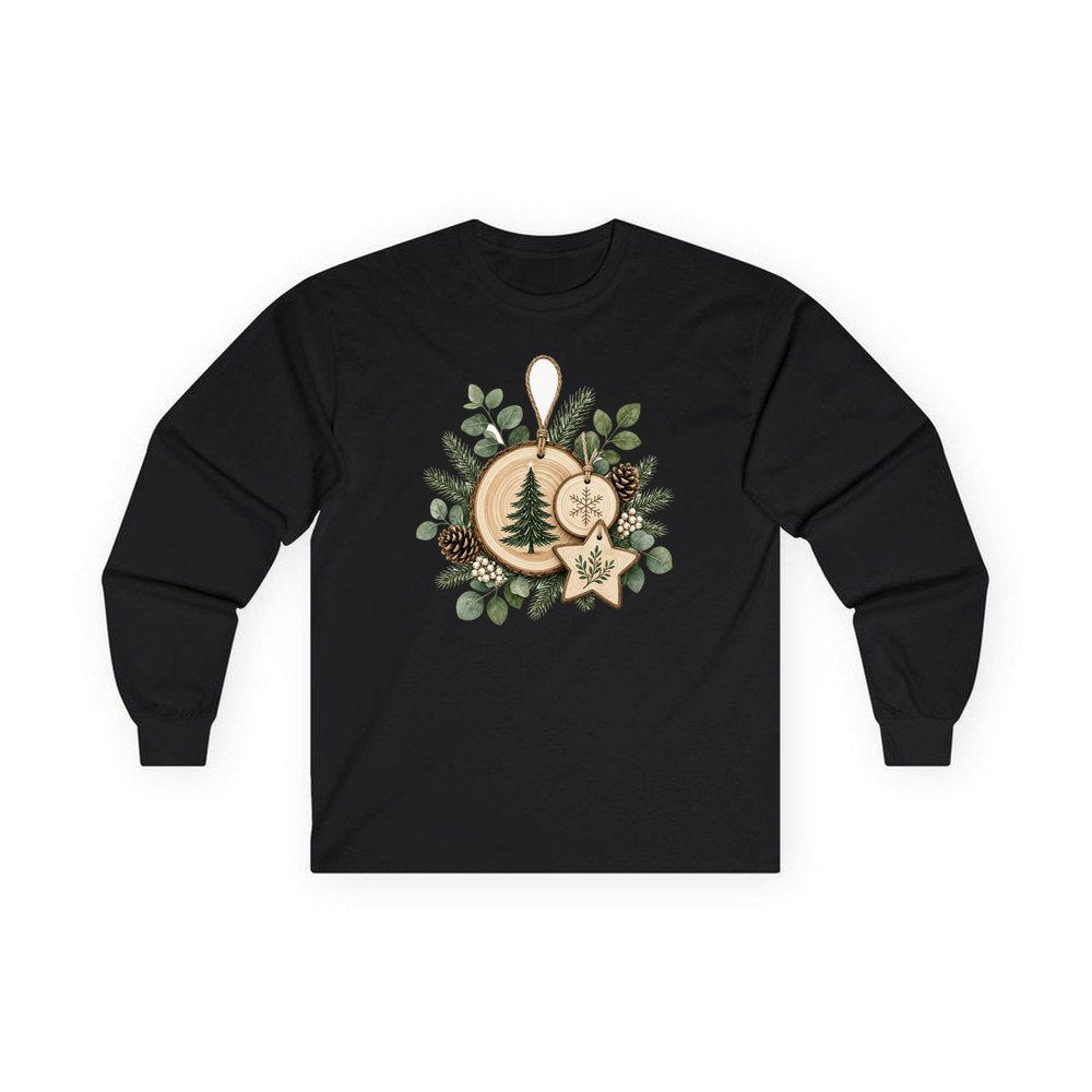 Timber Slice and Eucalyptus Ornaments personalised long sleeve Christmas T-shirt in black