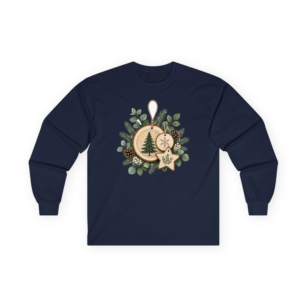 Timber Slice and Eucalyptus Ornaments personalised long sleeve Christmas T-shirt in navy