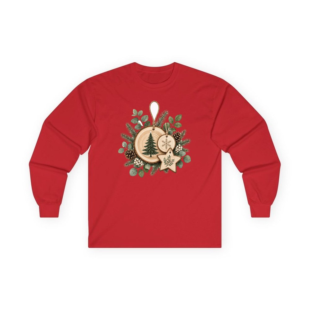 Timber Slice and Eucalyptus Ornaments personalised long sleeve Christmas T-shirt in red