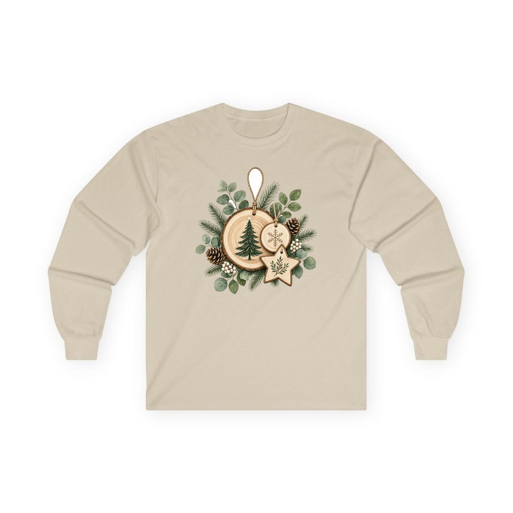Timber Slice and Eucalyptus Ornaments personalised long sleeve Christmas T-shirt in sand