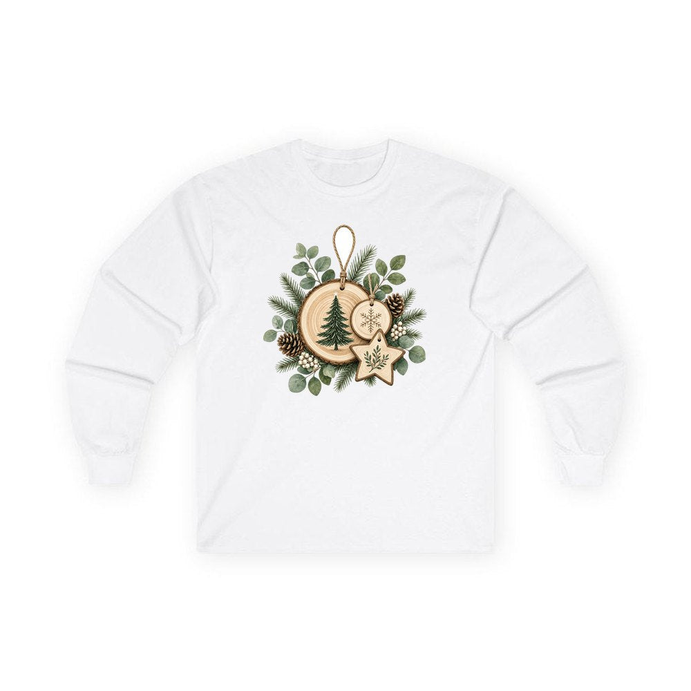 Timber Slice and Eucalyptus Ornaments personalised long sleeve Christmas T-shirt in white