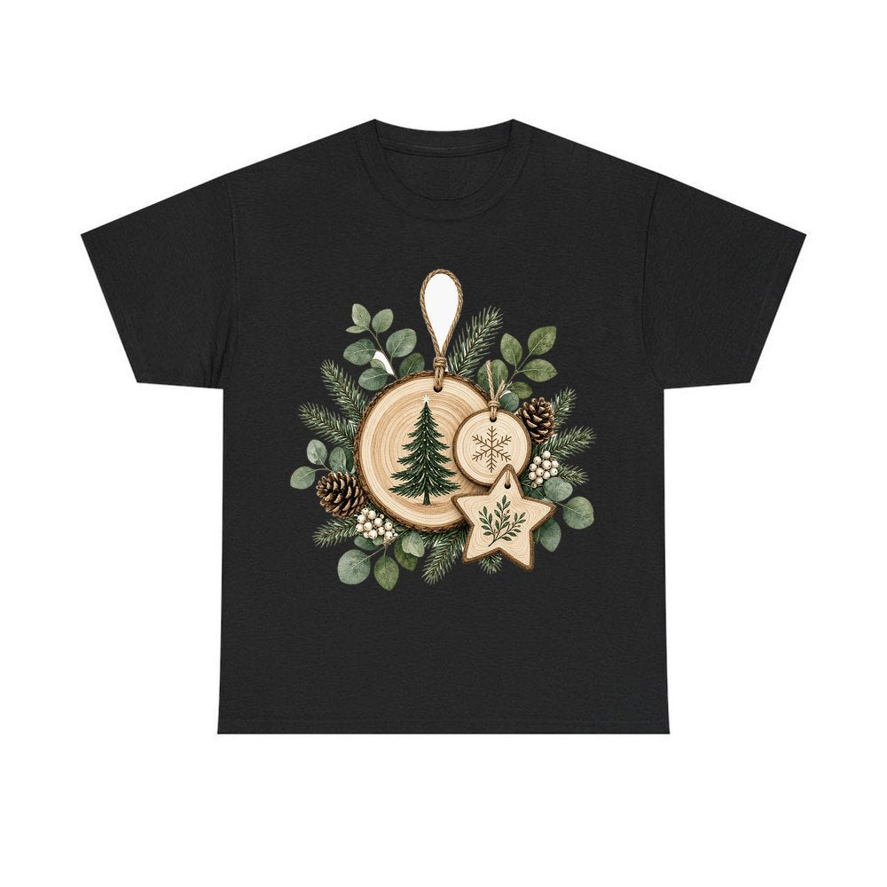 Timber Slice and Eucalyptus Ornaments personalised Christmas T-shirt in black