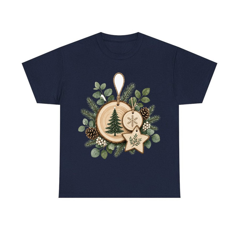 Timber Slice and Eucalyptus Ornaments personalised Christmas T-shirt in navy