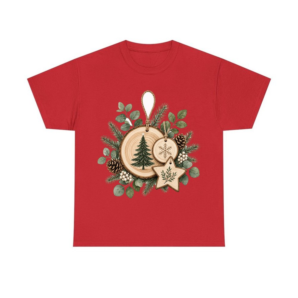 Timber Slice and Eucalyptus Ornaments personalised Christmas T-shirt in red