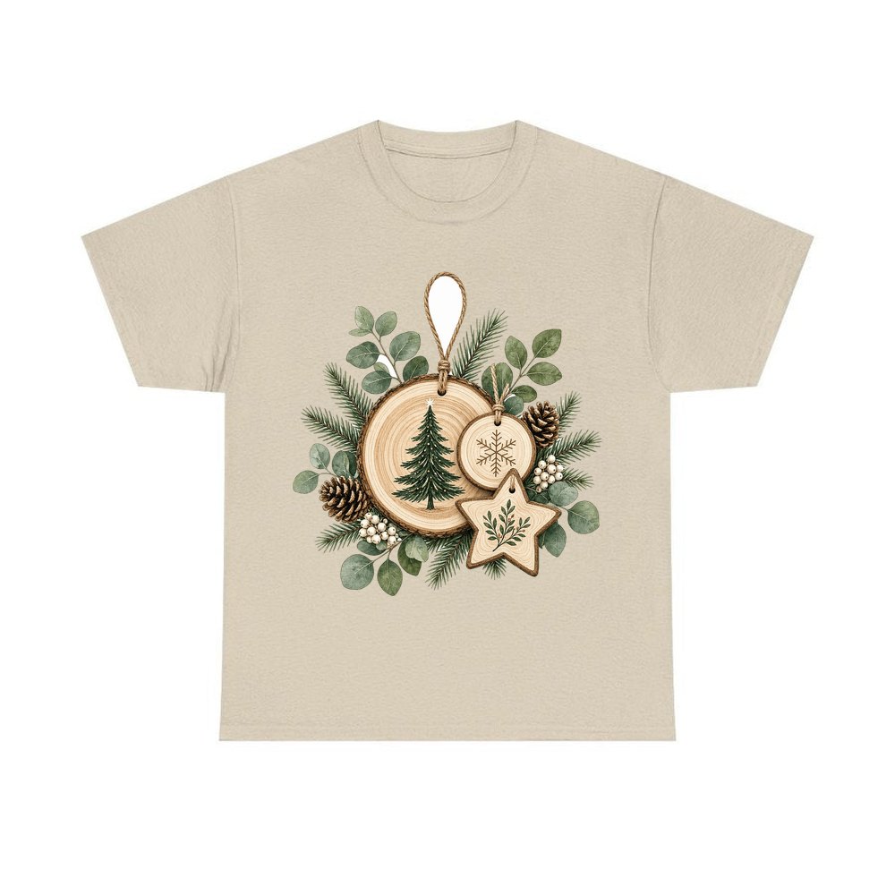 Timber Slice and Eucalyptus Ornaments personalised Christmas T-shirt in sand