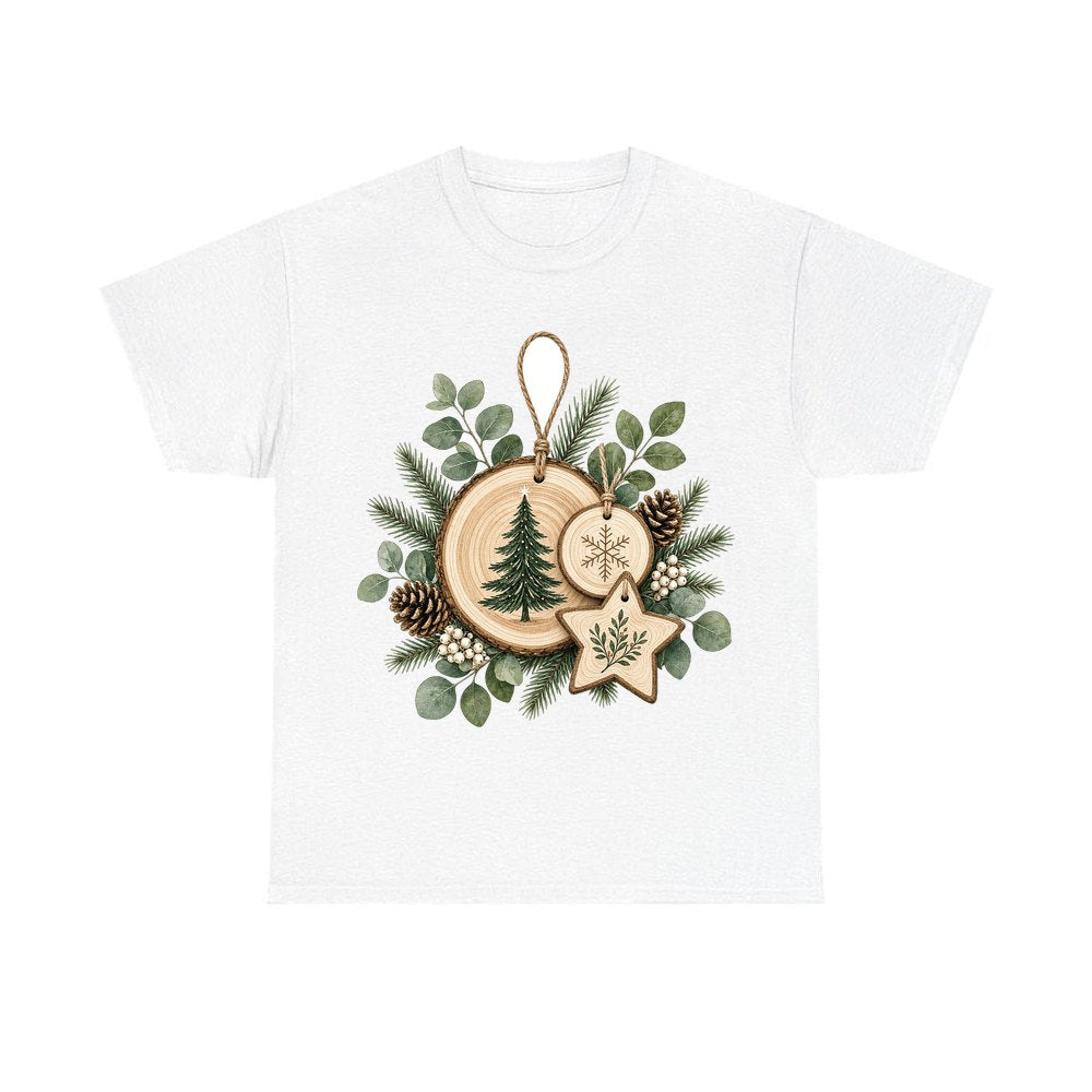 Timber Slice And Eucalyptus Ornaments design on a white tee