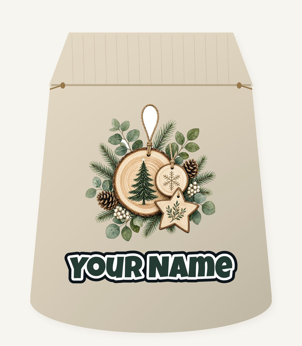 Timber Slice and Eucalyptus Ornaments Personalised Santa Sack