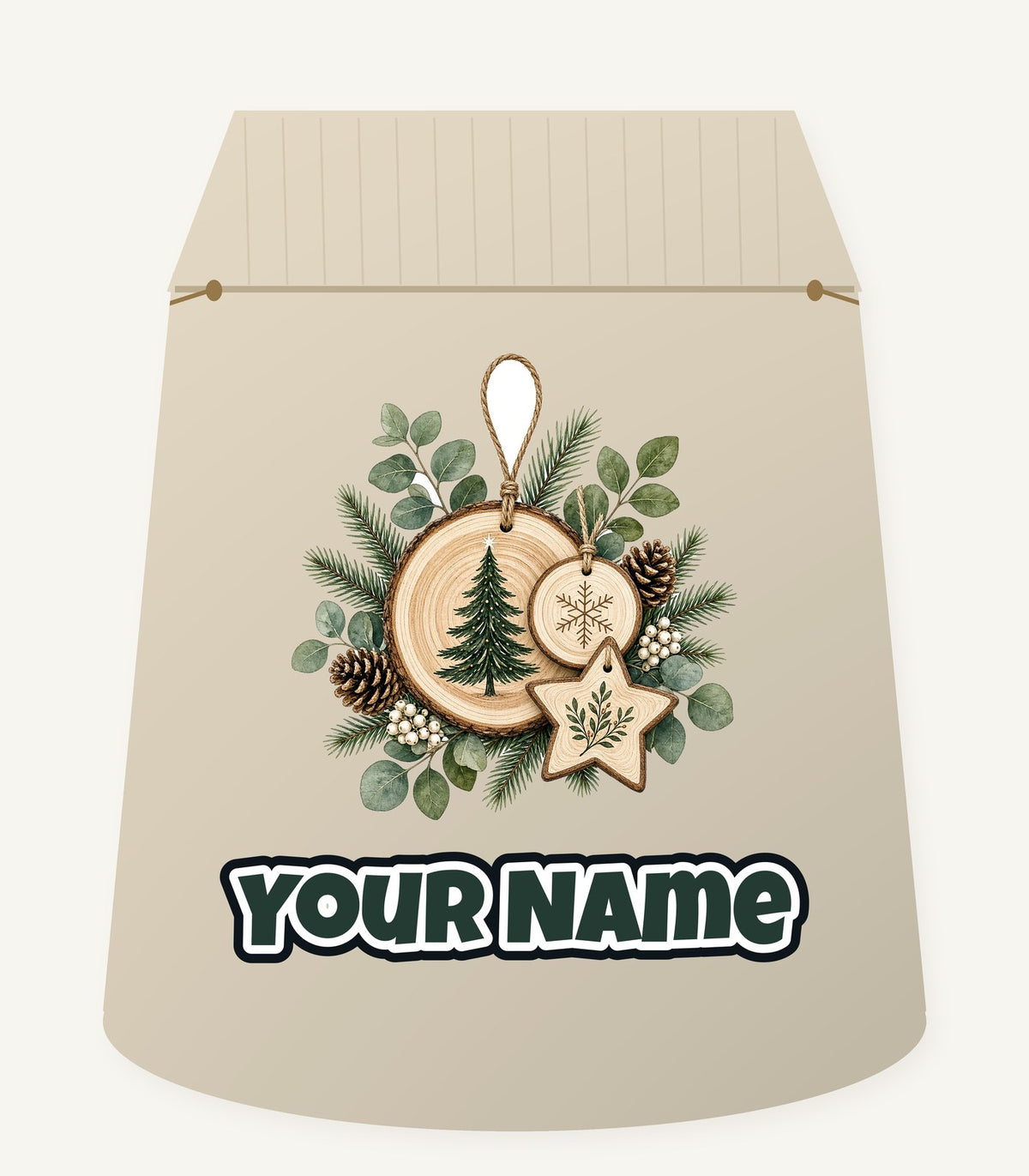 Timber Slice and Eucalyptus Ornaments Personalised Santa Sack