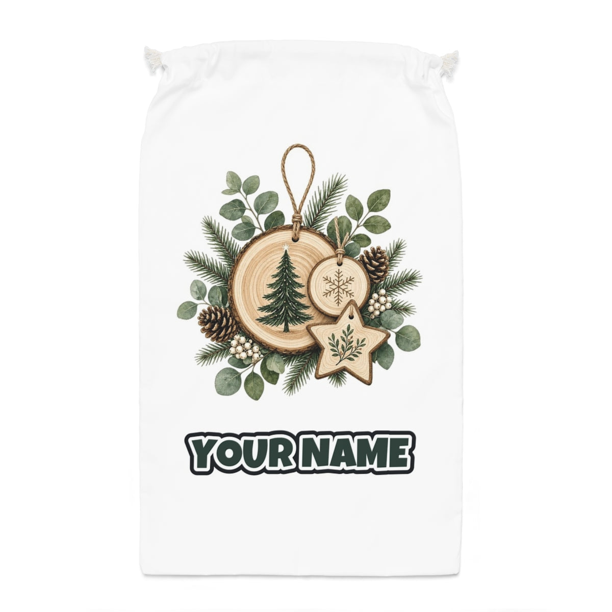 Timber Slice and Eucalyptus Ornaments Santa sack laid flat, showing the full print