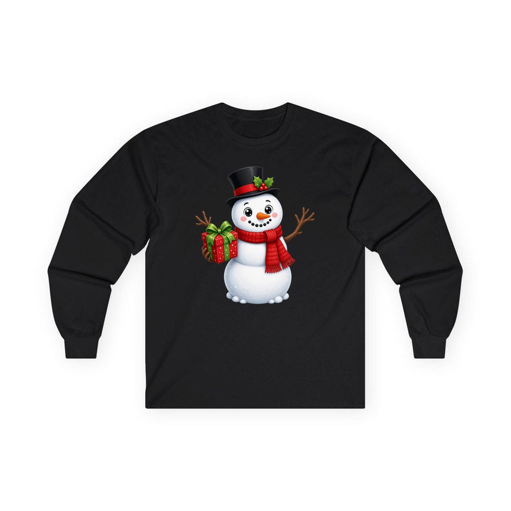 Top Hat Snowman Gift personalised long sleeve Christmas T-shirt in black