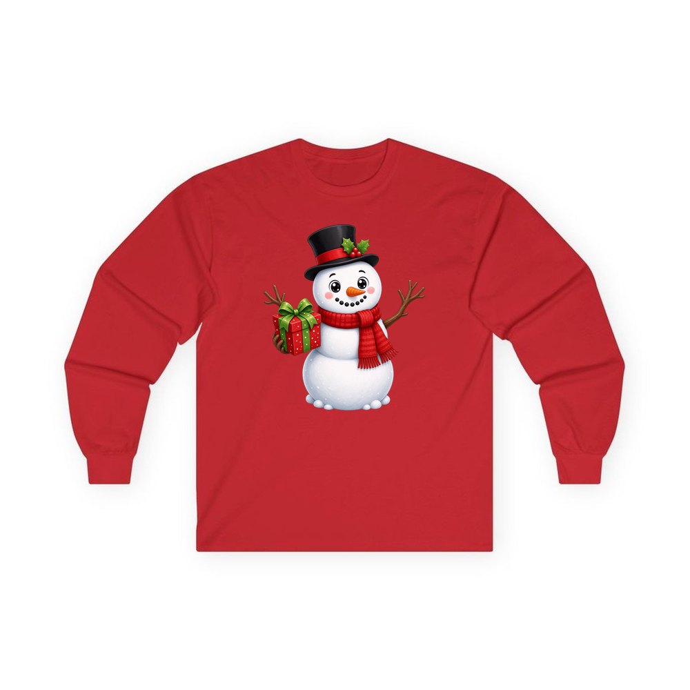 Top Hat Snowman Gift personalised long sleeve Christmas T-shirt in red