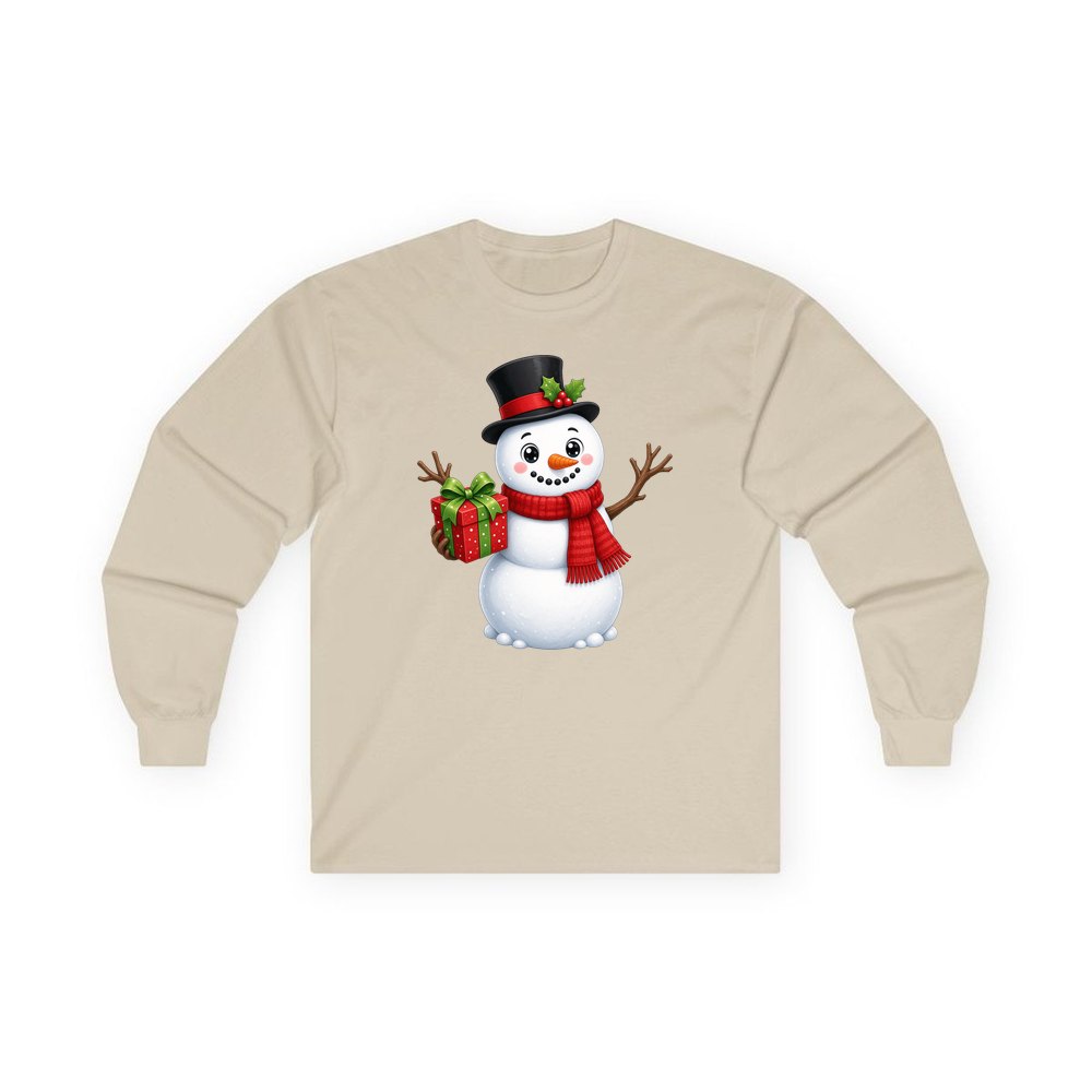 Top Hat Snowman Gift personalised long sleeve Christmas T-shirt in sand
