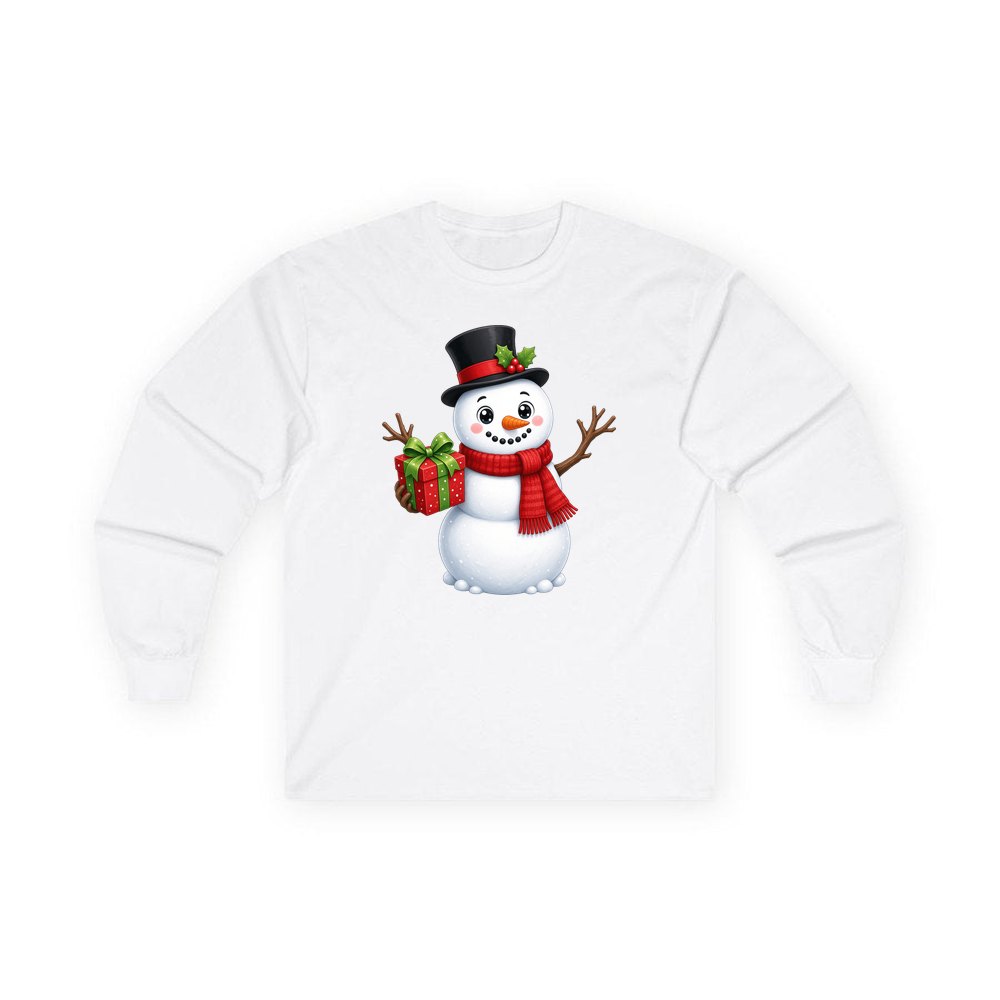 Top Hat Snowman Gift personalised long sleeve Christmas T-shirt in white