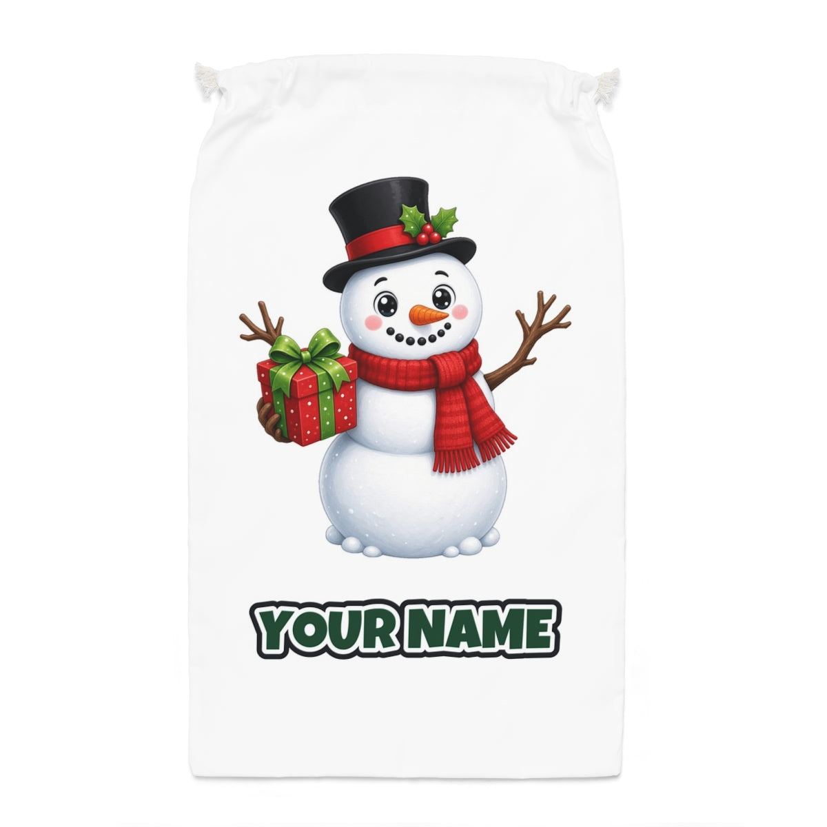 Top Hat Snowman Gift Santa sack laid flat, showing the full print