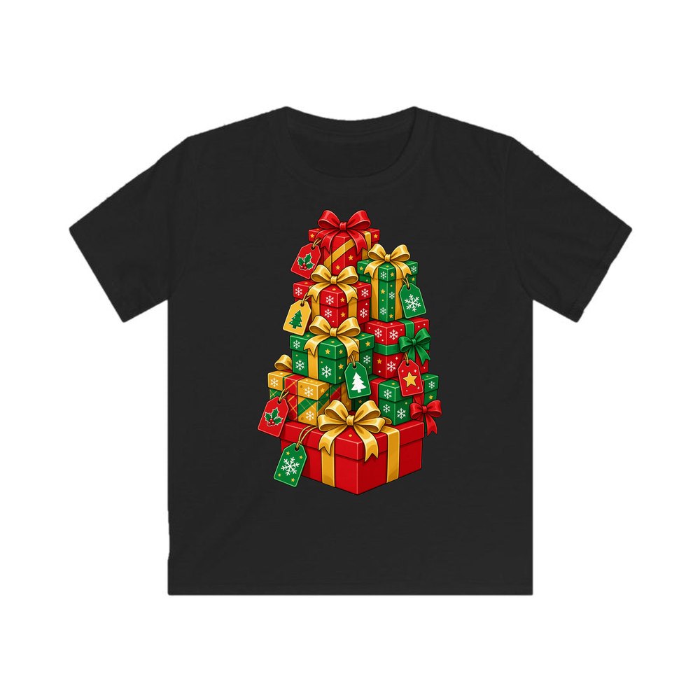 Tower Of Christmas Presents personalised kids Christmas tee in black