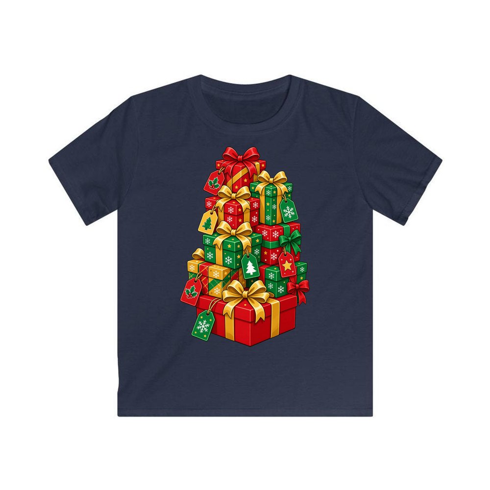 Tower Of Christmas Presents personalised kids Christmas tee in navy