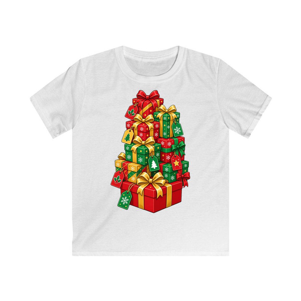 Tower Of Christmas Presents personalised kids Christmas tee in white