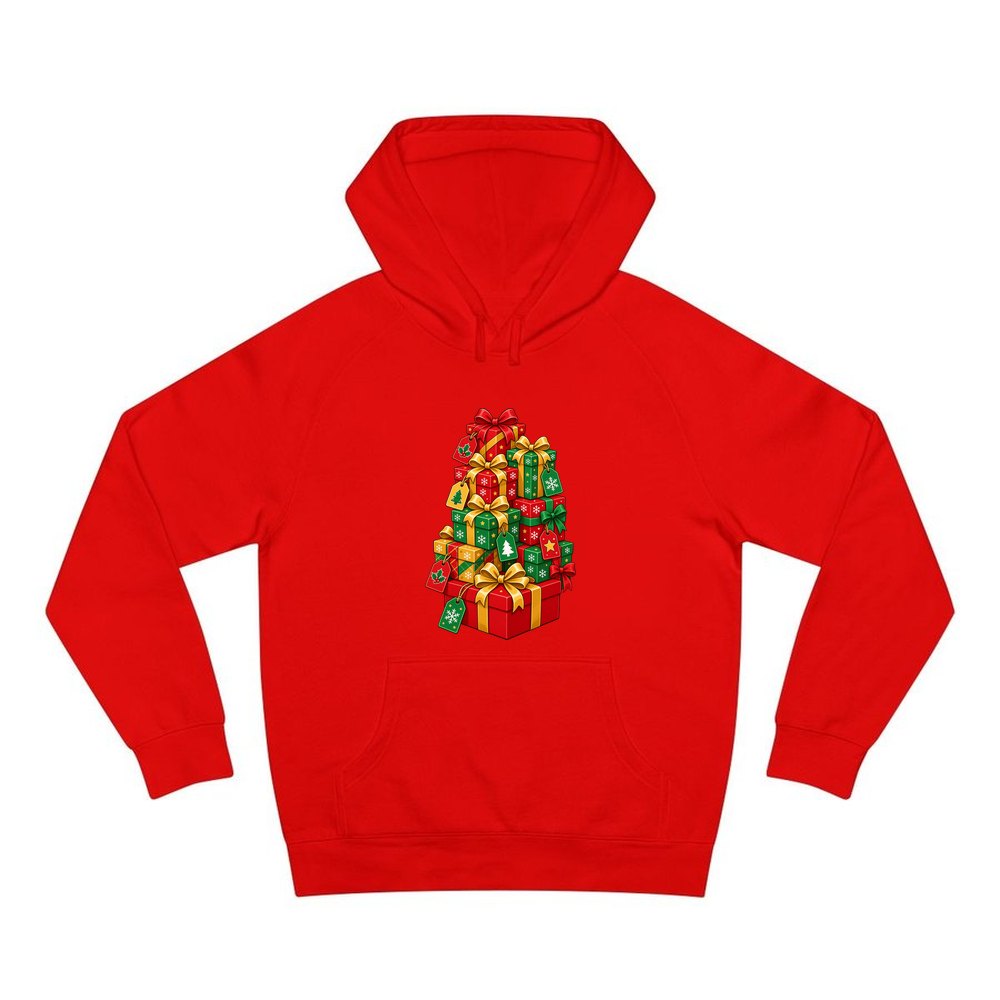 Tower Of Christmas Presents personalised Christmas hoodie in red