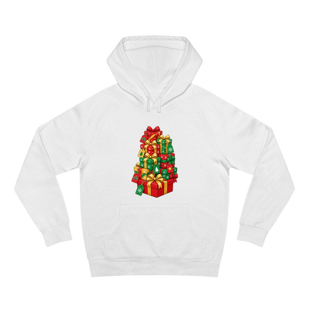 Tower Of Christmas Presents personalised Christmas hoodie in white