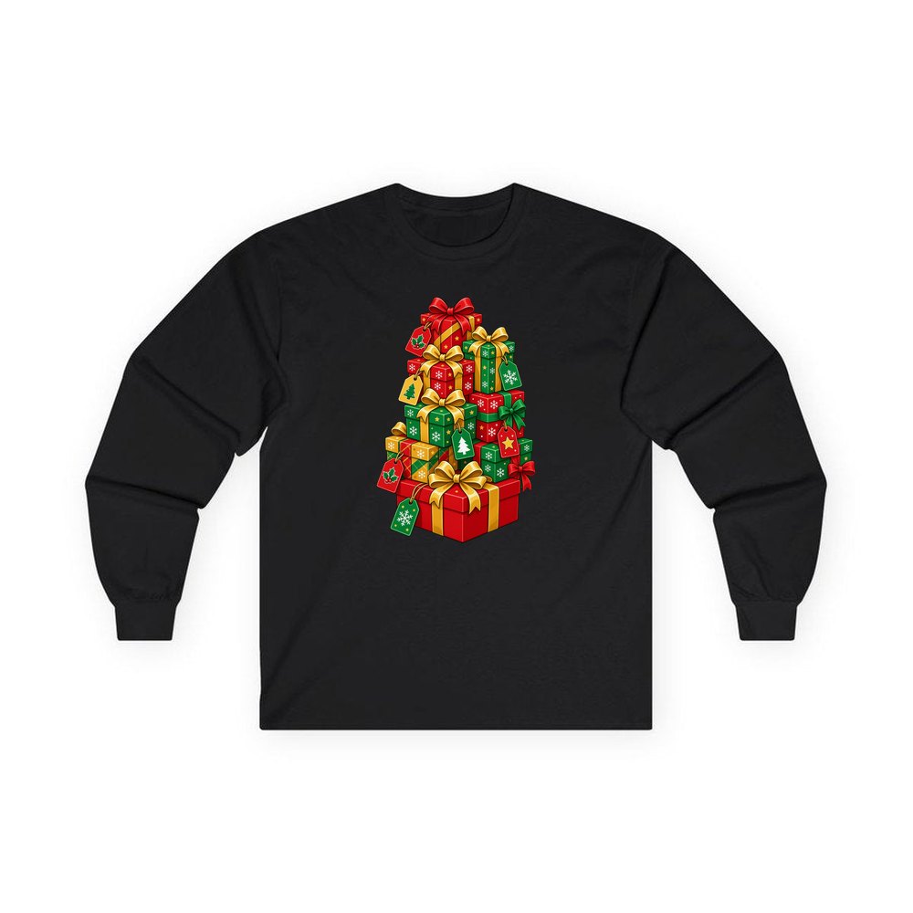 Tower Of Christmas Presents personalised long sleeve Christmas T-shirt in black