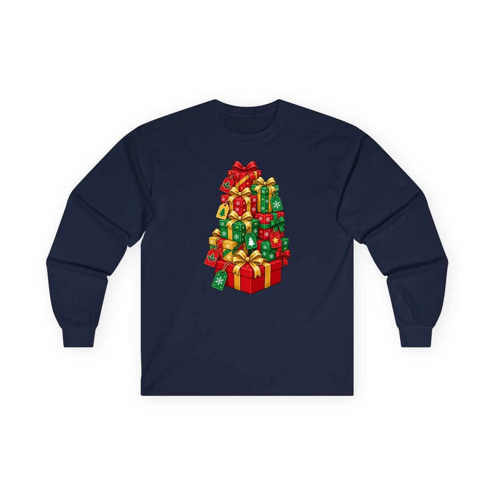 Tower Of Christmas Presents personalised long sleeve Christmas T-shirt in navy