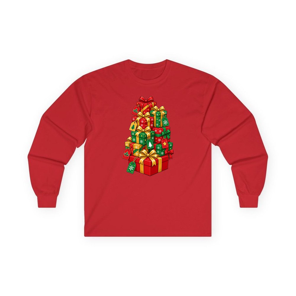 Tower Of Christmas Presents personalised long sleeve Christmas T-shirt in red