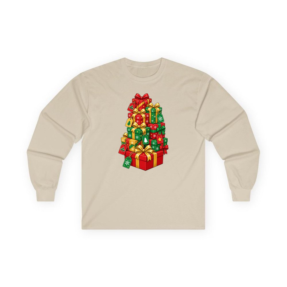 Tower Of Christmas Presents personalised long sleeve Christmas T-shirt in sand