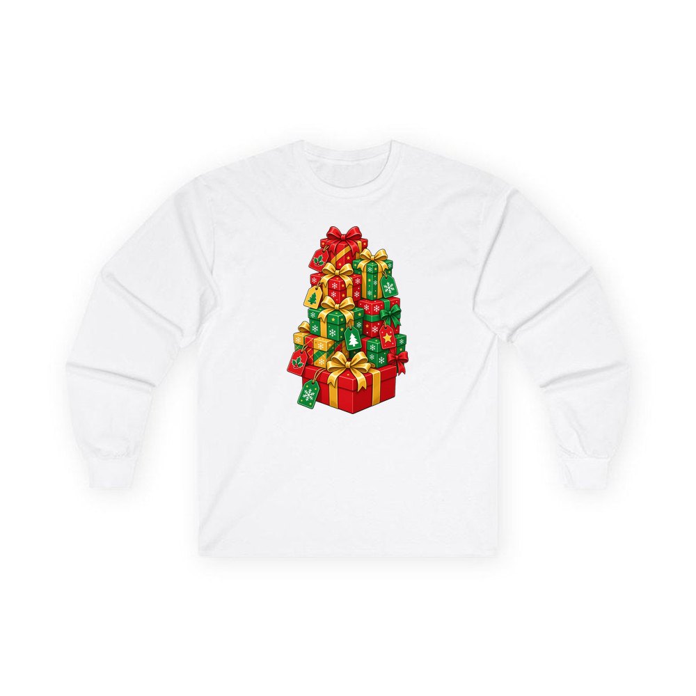 Tower Of Christmas Presents personalised long sleeve Christmas T-shirt in white