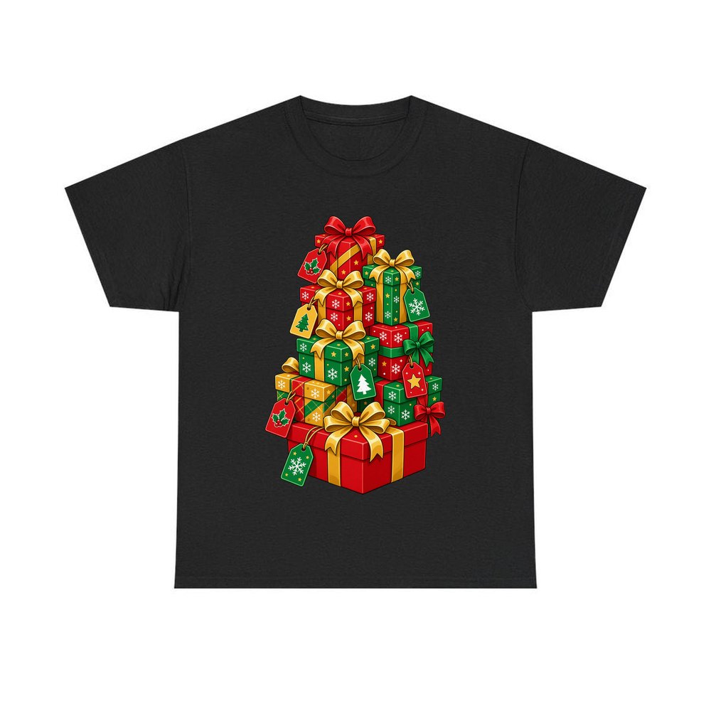 Tower Of Christmas Presents personalised Christmas T-shirt in black
