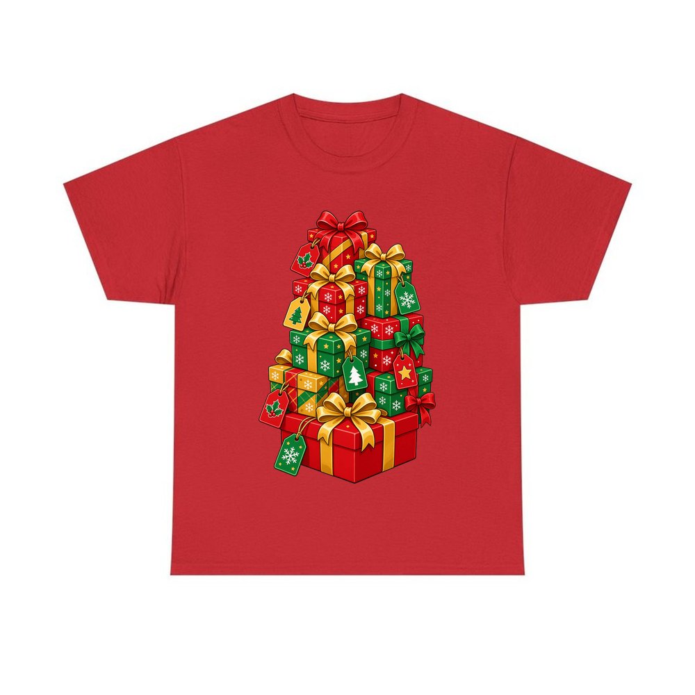 Tower Of Christmas Presents personalised Christmas T-shirt in red