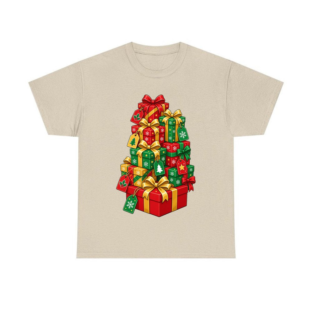 Tower Of Christmas Presents personalised Christmas T-shirt in sand