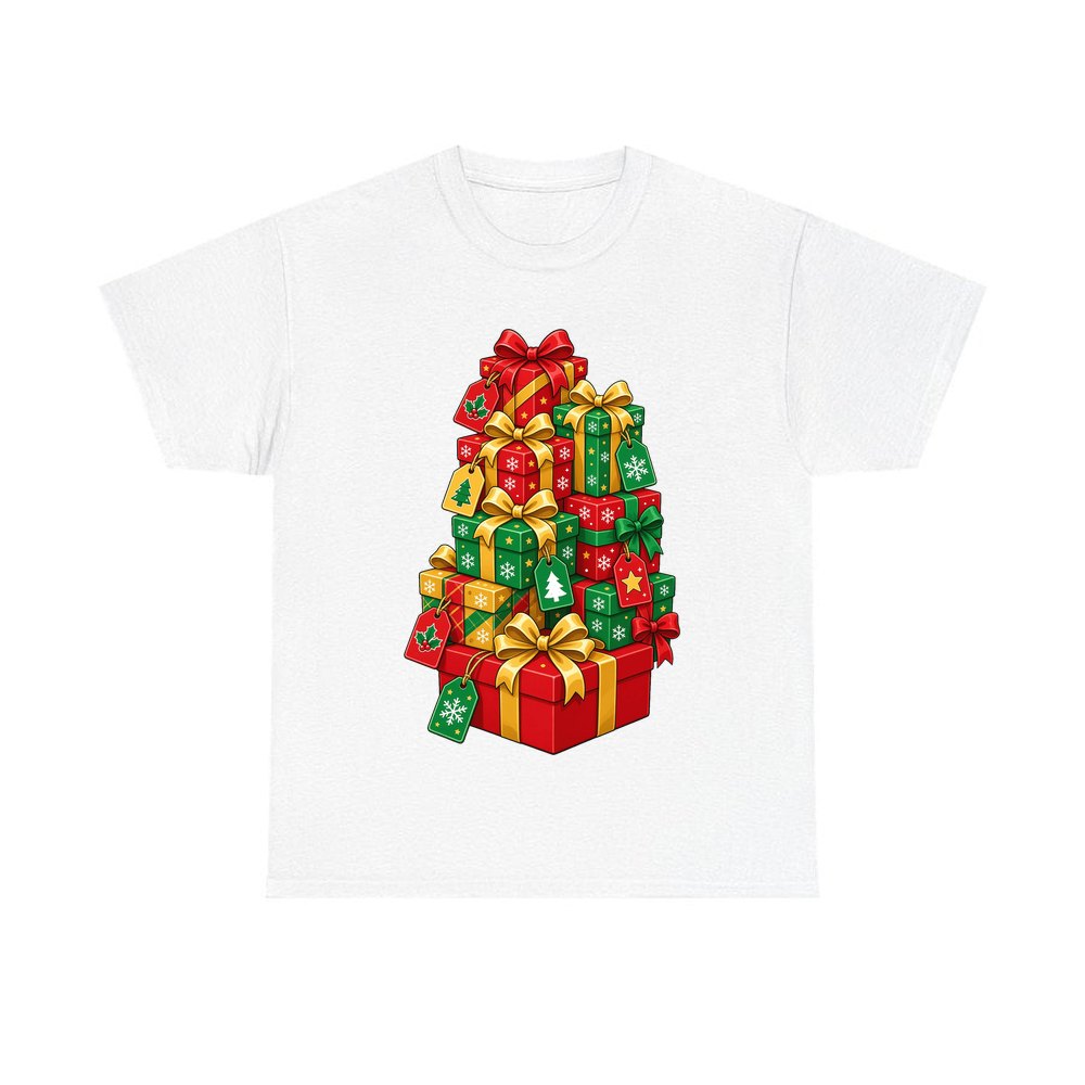 Tower Of Christmas Presents personalised Christmas T-shirt in white