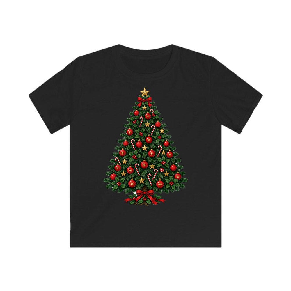 Traditional Christmas Tree with Gold Stars personalised kids Christmas tee in black