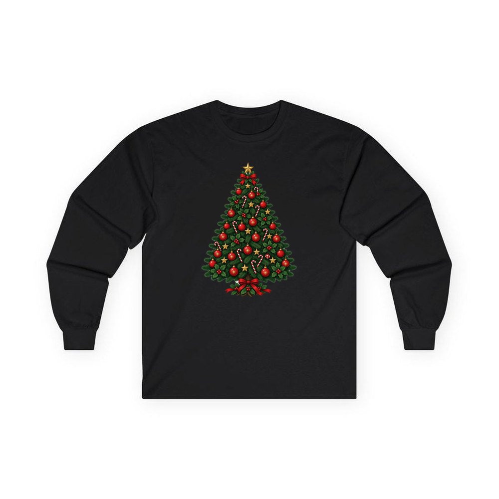 Traditional Christmas Tree with Gold Stars personalised long sleeve Christmas T-shirt in black
