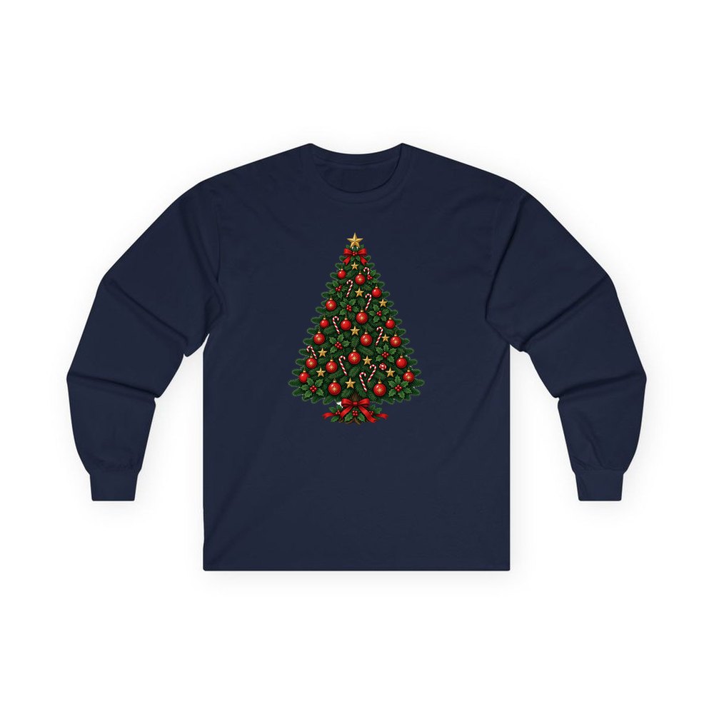 Traditional Christmas Tree with Gold Stars personalised long sleeve Christmas T-shirt in navy