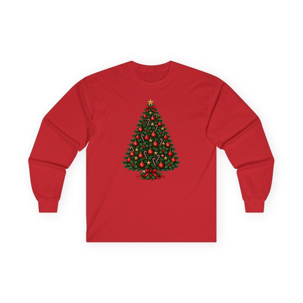 Traditional Christmas Tree with Gold Stars personalised long sleeve Christmas T-shirt in red