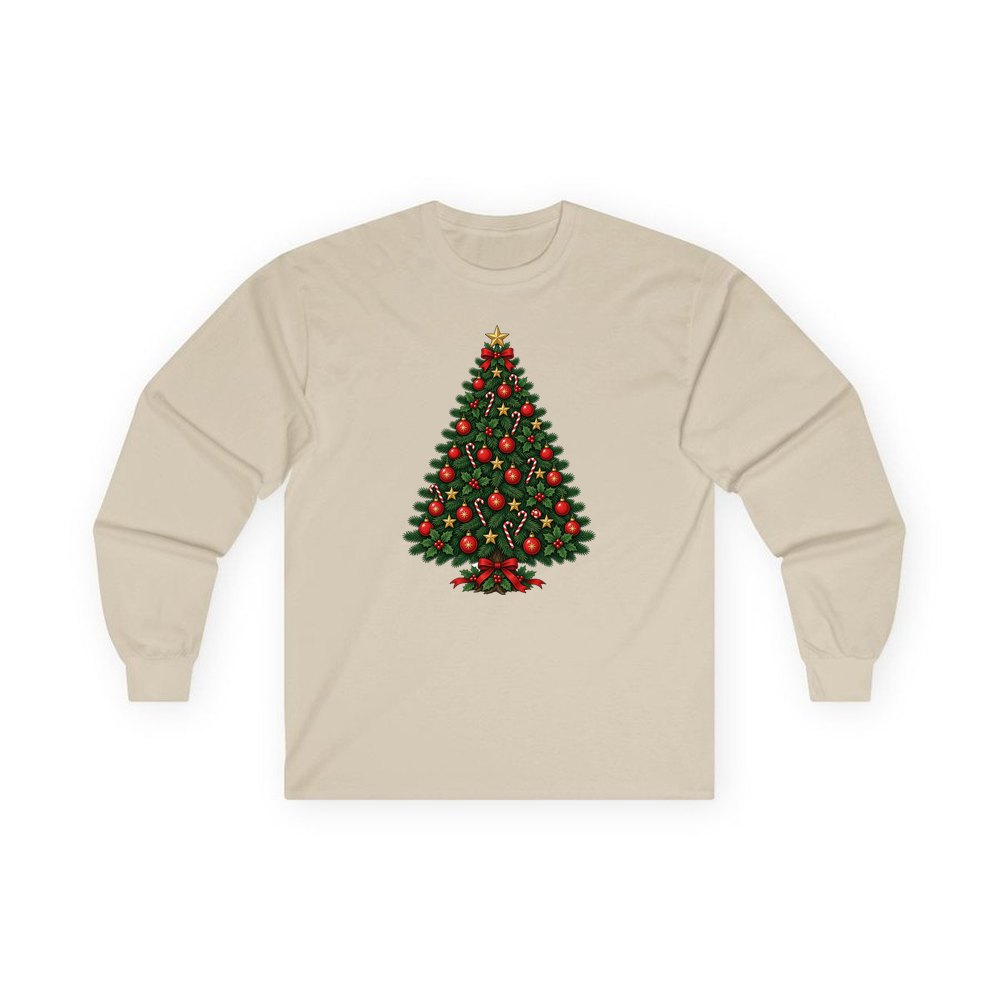 Traditional Christmas Tree with Gold Stars personalised long sleeve Christmas T-shirt in sand