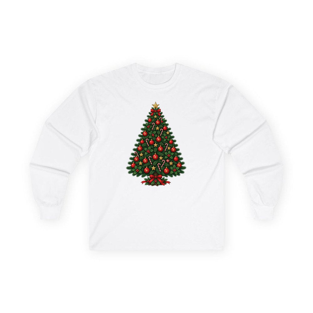 Traditional Christmas Tree with Gold Stars personalised long sleeve Christmas T-shirt in white