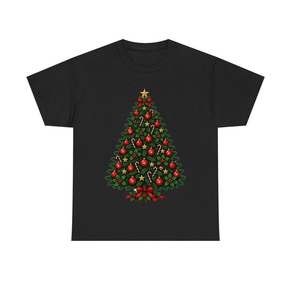 Traditional Christmas Tree with Gold Stars personalised Christmas T-shirt in black