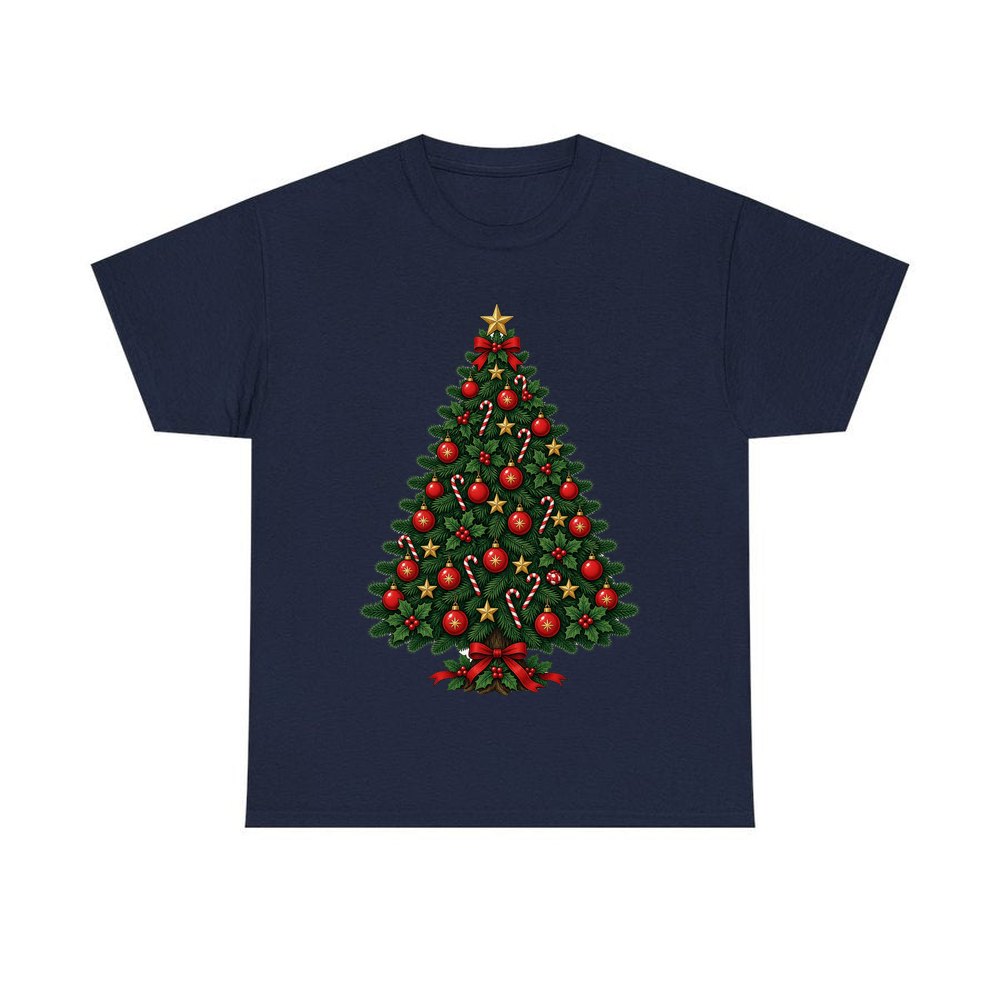 Traditional Christmas Tree with Gold Stars personalised Christmas T-shirt in navy