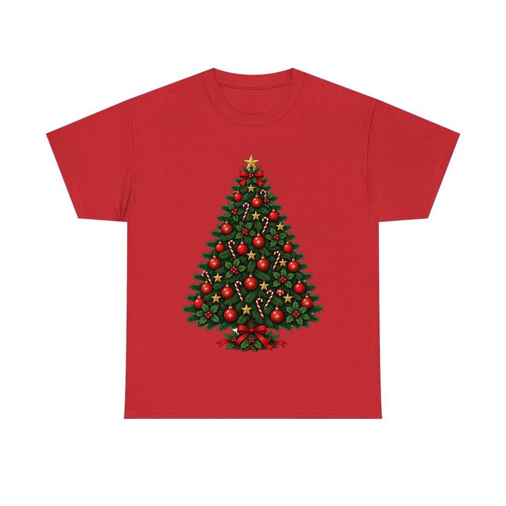 Traditional Christmas Tree with Gold Stars personalised Christmas T-shirt in red