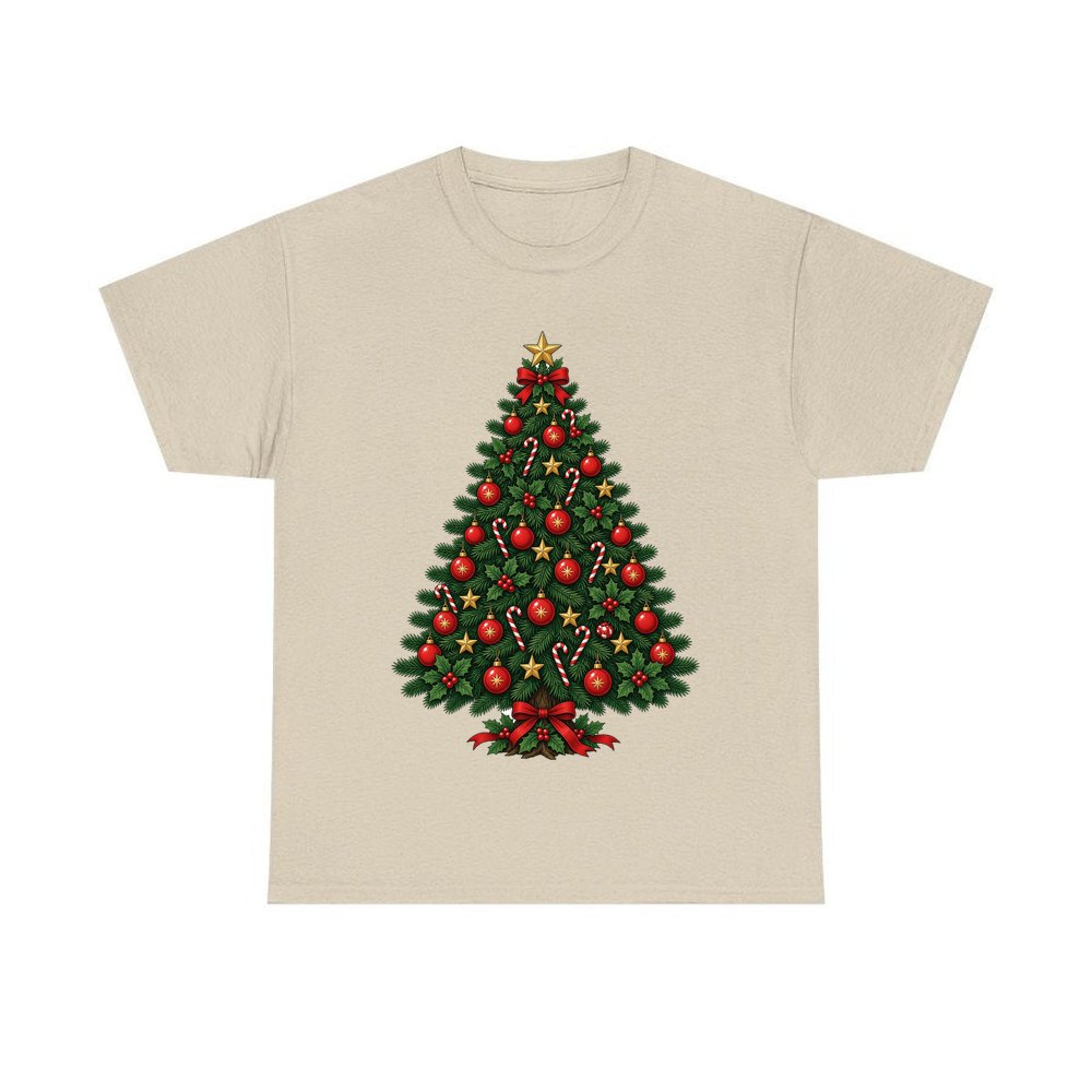 Traditional Christmas Tree with Gold Stars personalised Christmas T-shirt in sand