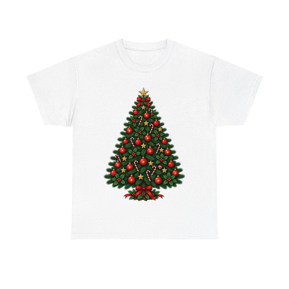 Traditional Christmas Tree With Gold Stars design on a white tee