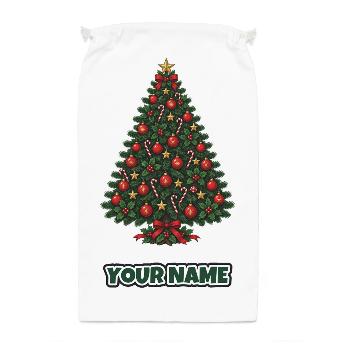 Traditional Christmas Tree with Gold Stars Santa sack laid flat, showing the full print