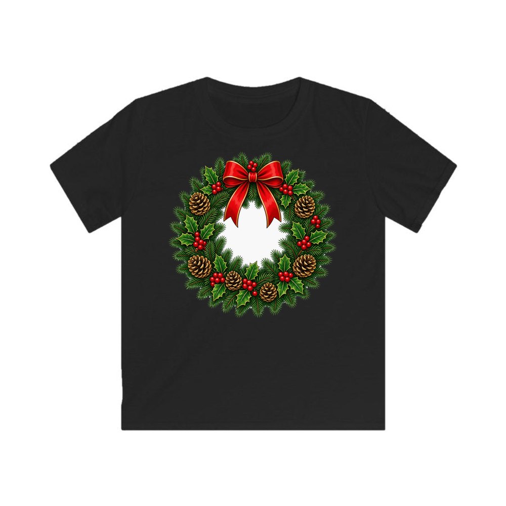 Traditional Pine and Holly Wreath personalised kids Christmas tee in black