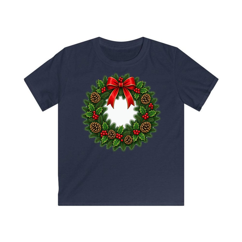 Traditional Pine and Holly Wreath personalised kids Christmas tee in navy